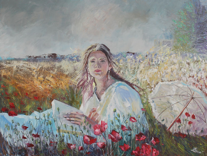 Woman, Portrait, Landscape, Woman in White, Poppies