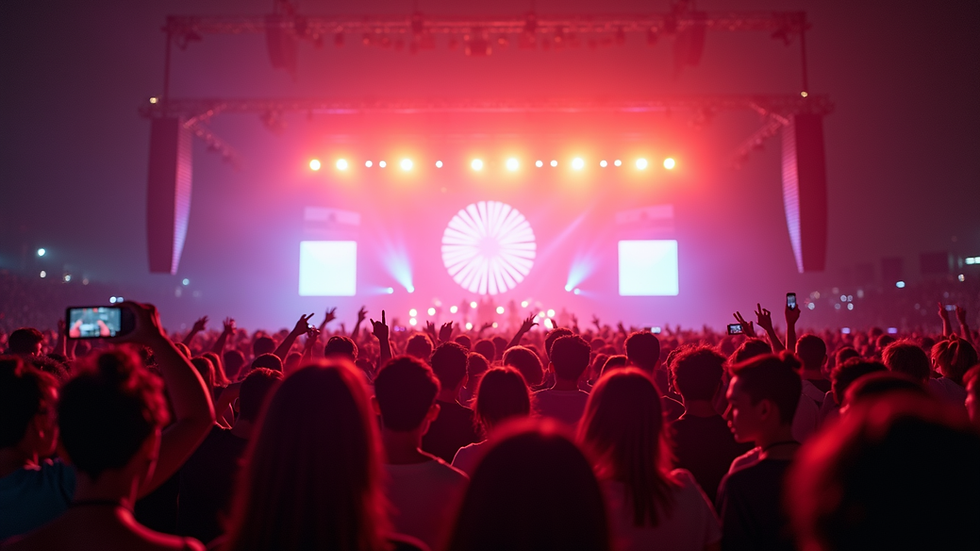 Wide angle view of a lively K-Pop concert crowd