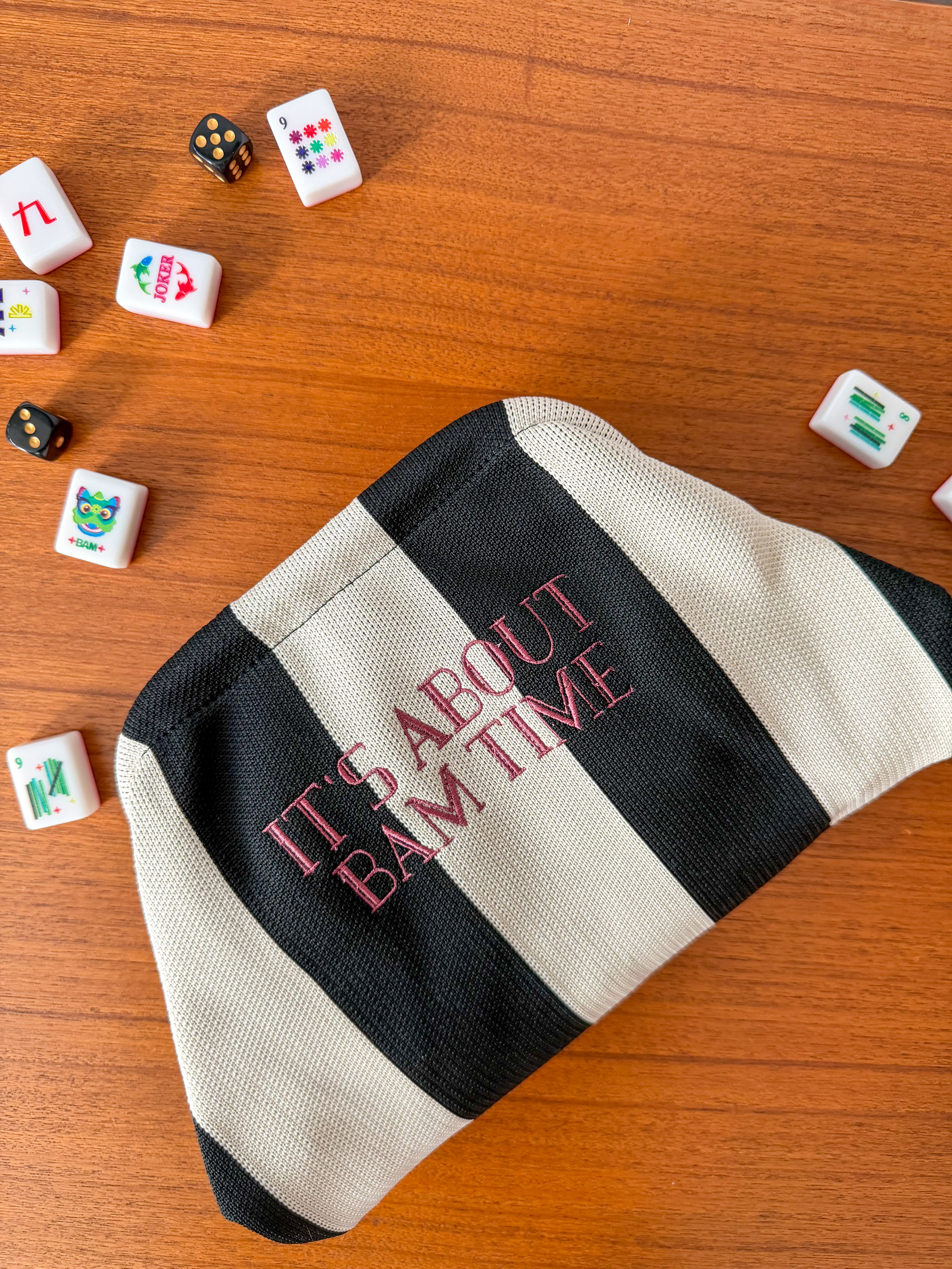 It’s About Bam Time — Embroidered Mahjong Tile Bag | Black & Cream Stripe