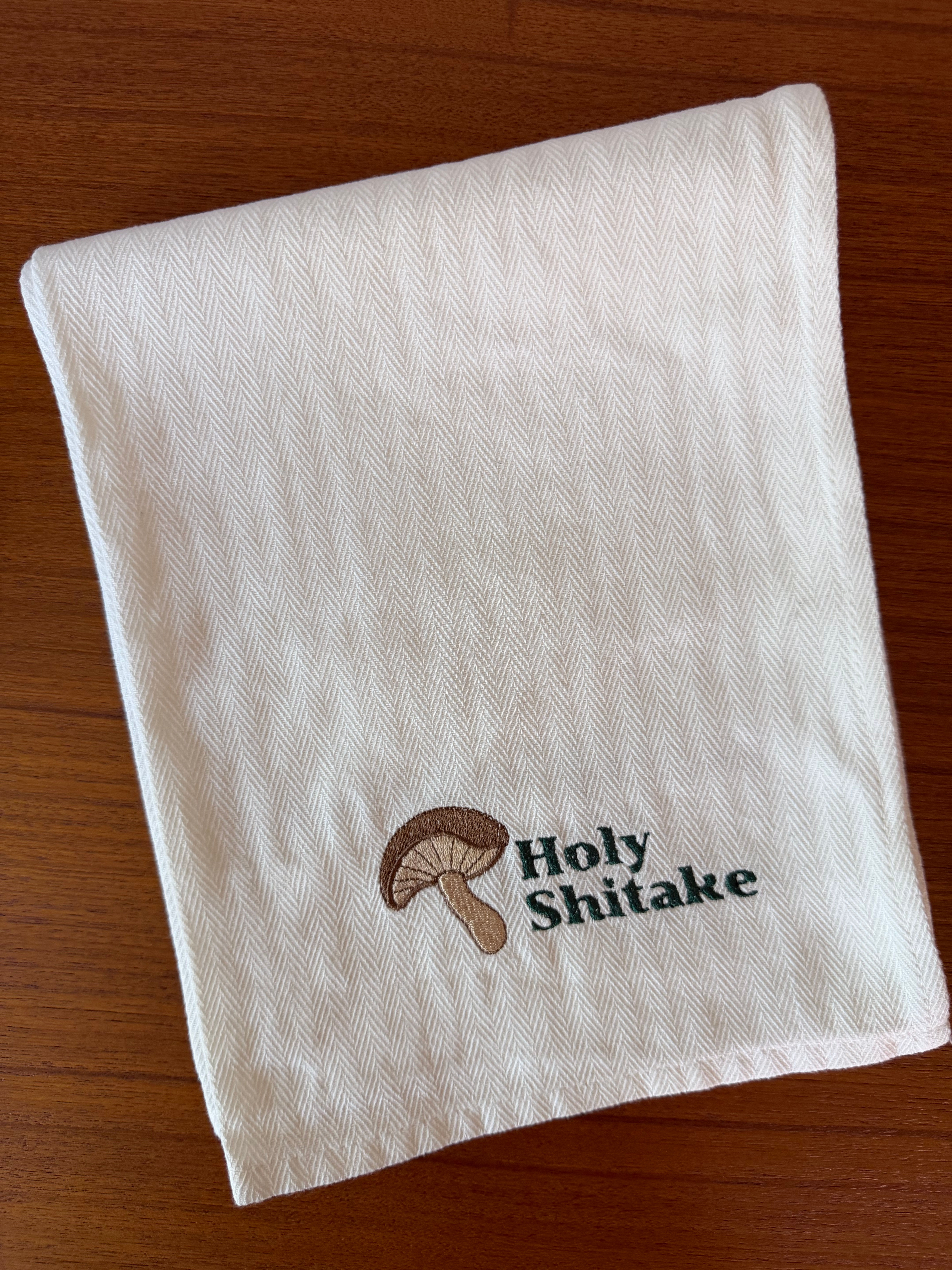 Holy Shitake — Embroidered Cotton Tea Towel