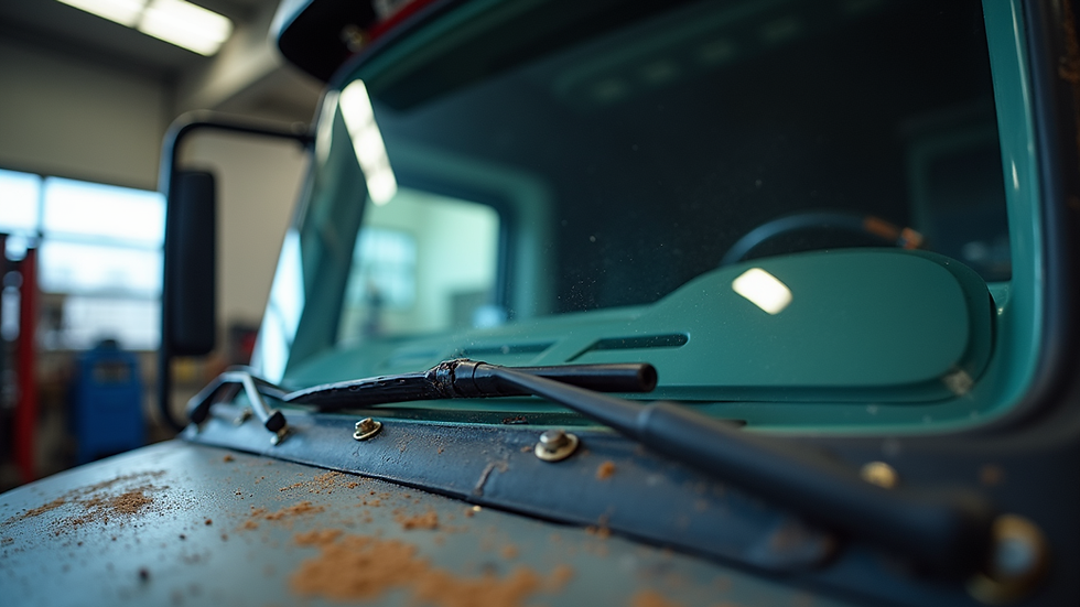 Eye-level view of a semi truck windshield being replaced in a garage