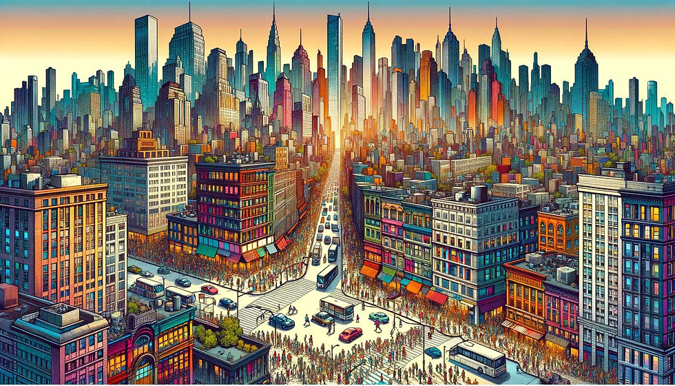 Vibrant Cityscape Illustration Capturing Urban Life Energy