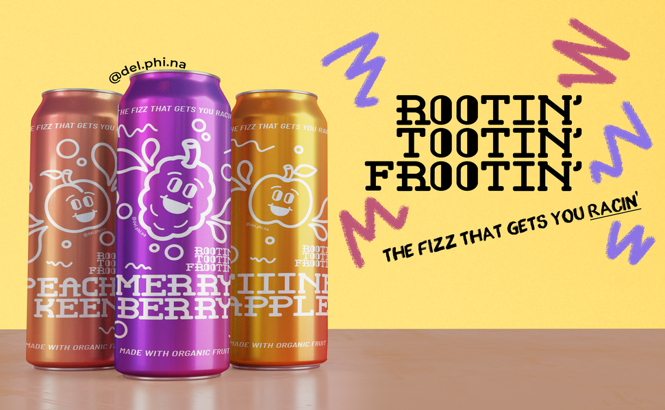 An ad promoting the three flavors of the drink. The logo is set on the right side of the cans with chalk-style scribbles around it in pink and purple. Under the logo is the slogan "The fizz that gets you racin'".