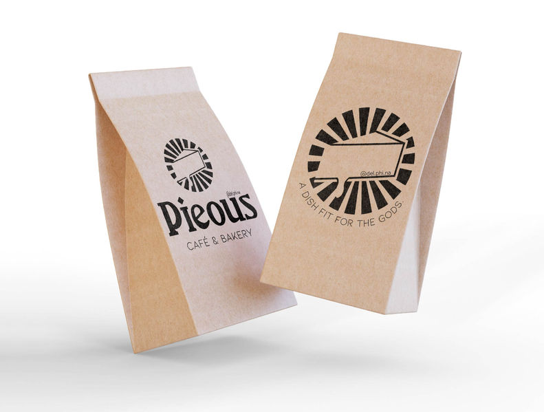 Two brown takeaway bags, one depicting the logo icon, and the other with the full logo. Both are printed in black.