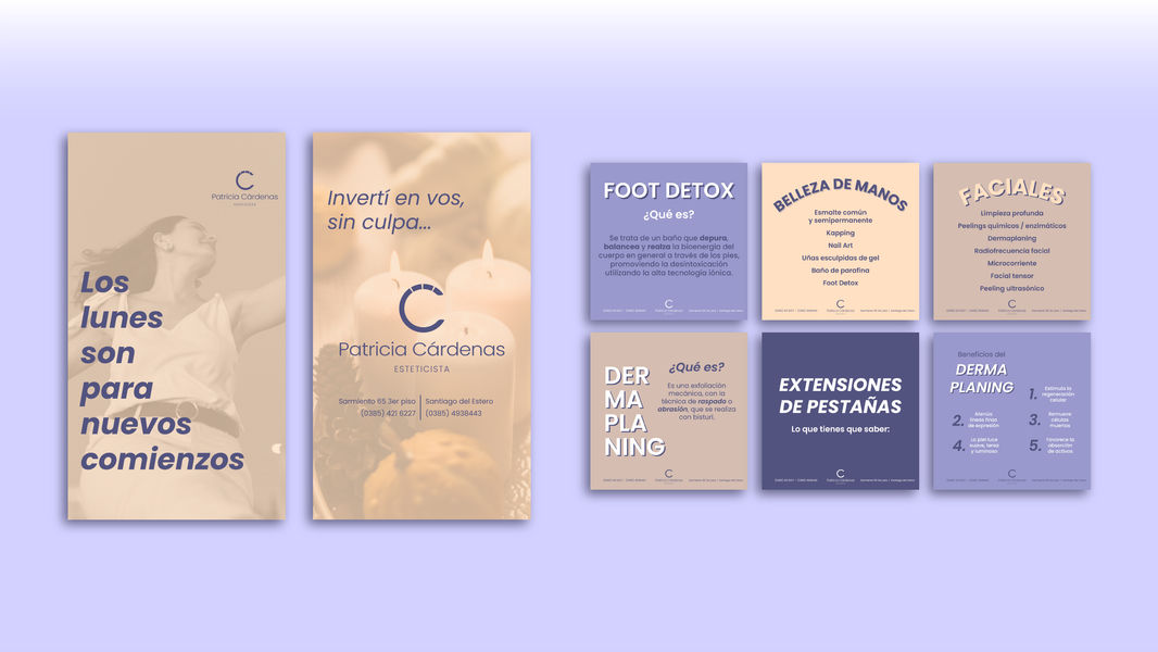 Several Instagram posts and stories showing the design for the account. On the left are two stories, one showing the phrase "Mondays are for new beginnings" in Spanish, and the other offering contact information. On the right, six posts of different types of content are set out in two rows.