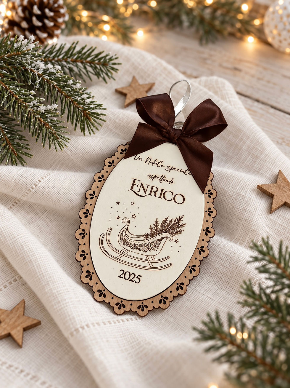 Miniatura: Decorazione natalizia in legno personalizzata con nome Enrico, slitta incisa e fiocco marrone.