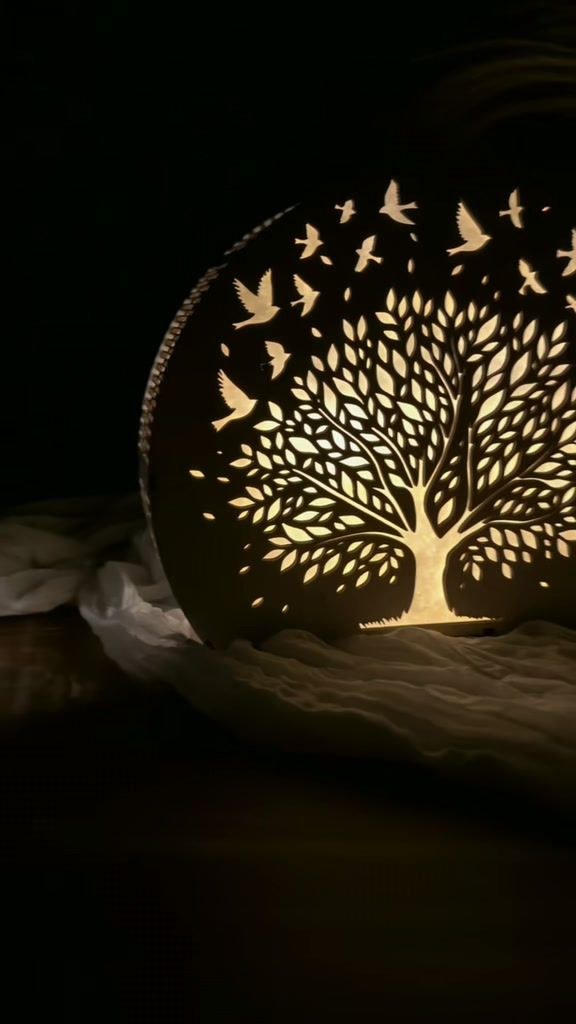 Miniatura: Lampada in legno albero della vita con intaglio e luce calda