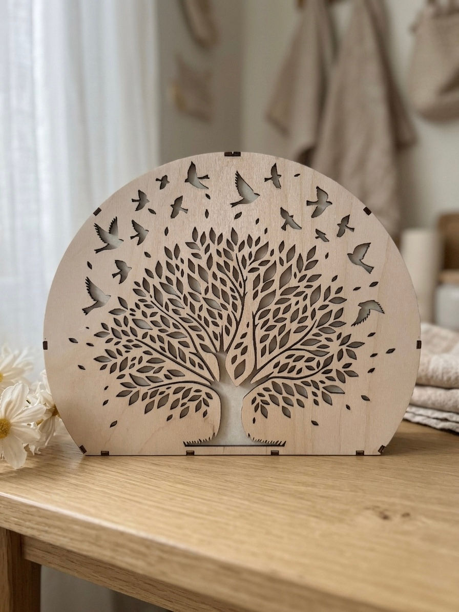 Lampada in legno albero della vita con intaglio e luce calda