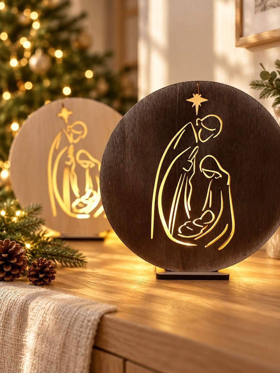 Lampada scenografica sacra famiglia in legno