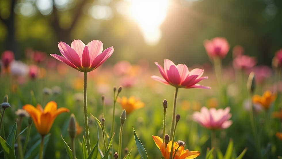 Eye-level view of a serene garden with blooming flowers