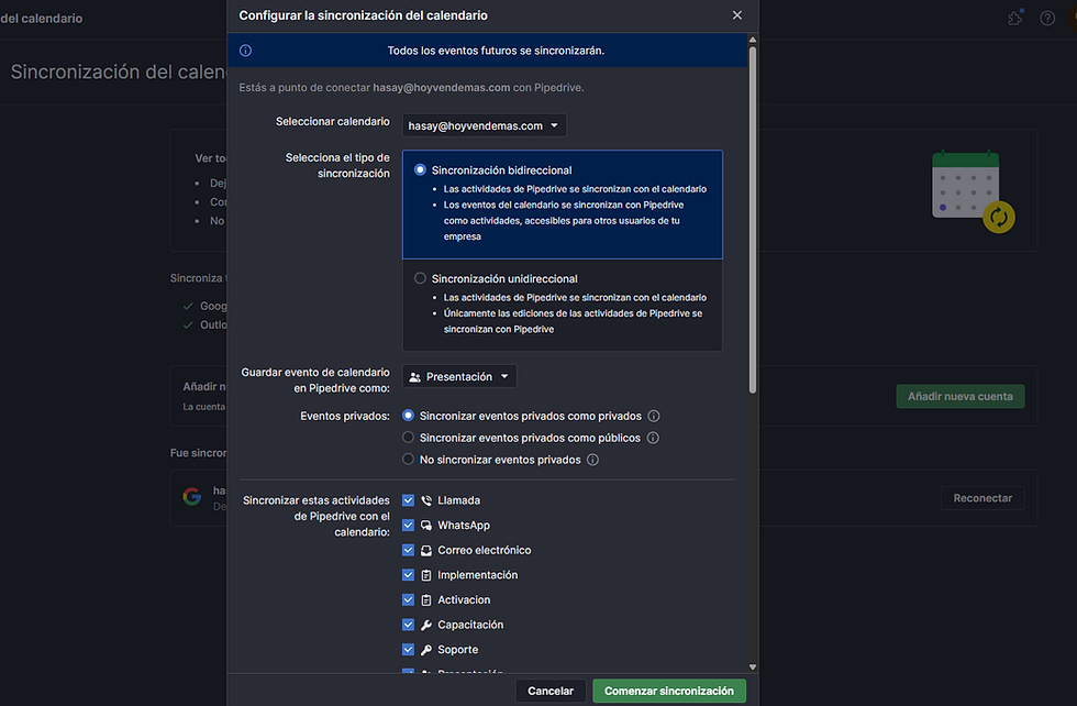 Vista de sincronización de calendario en pipedrive
