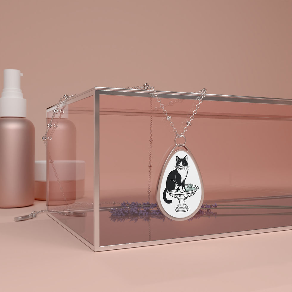 Thumbnail: Tuxedo Cat in Birdbath 1.5” Oval Necklace w/chain