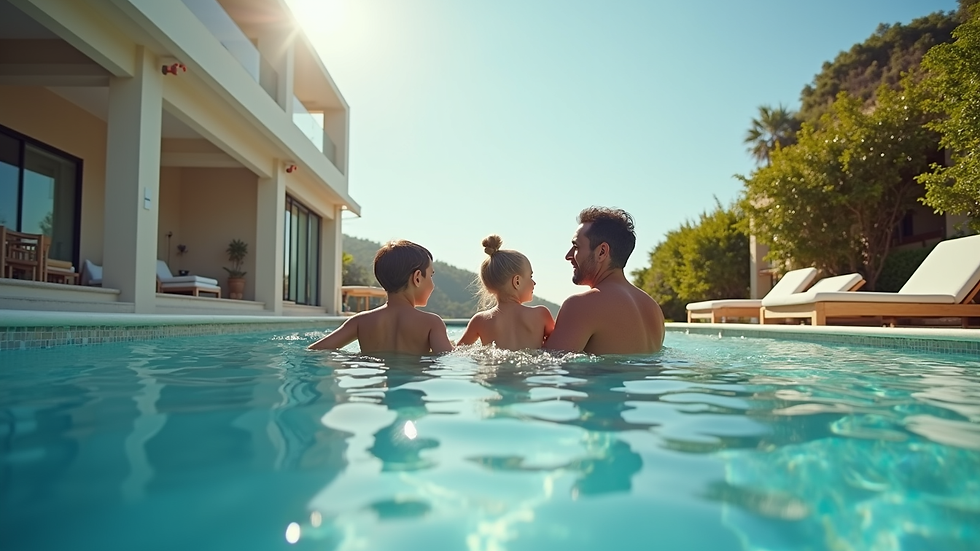 Eye-level view of a family enjoying a luxury villa poolside