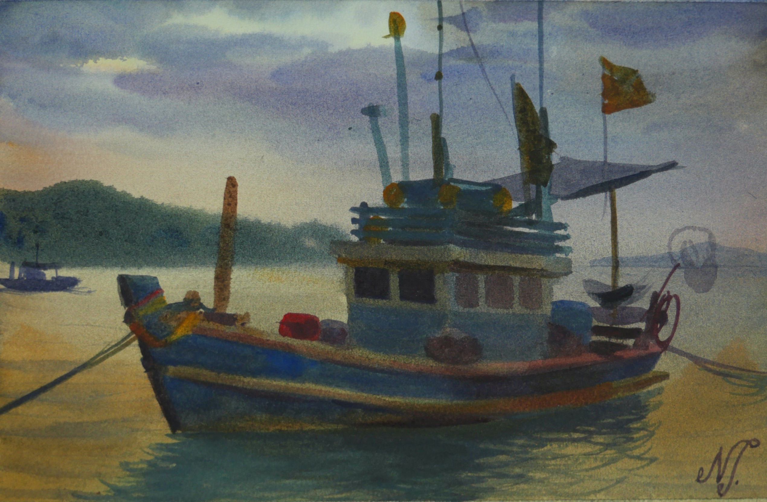 "An old night hunter at a rest", watercolor, 2024