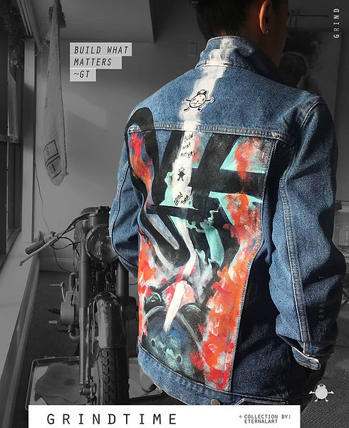 Exclusive hand painted Grind Time jean jacket by J. Michael Smith