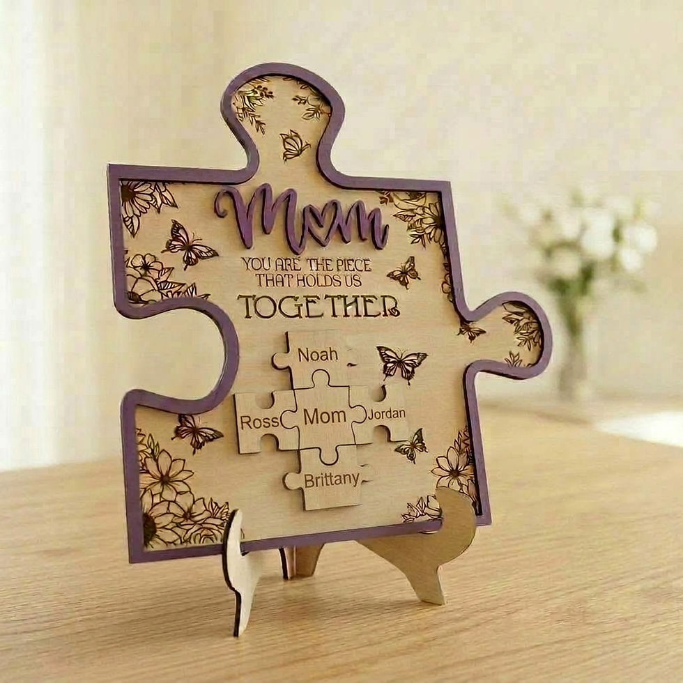 Wooden puzzle piece sign for Mom with family names.