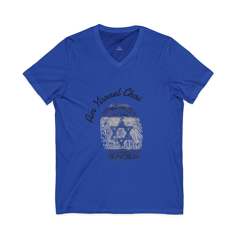 Thumbnail: Blue v-neck t-shirt with Am Yisrael Chai and Star of David