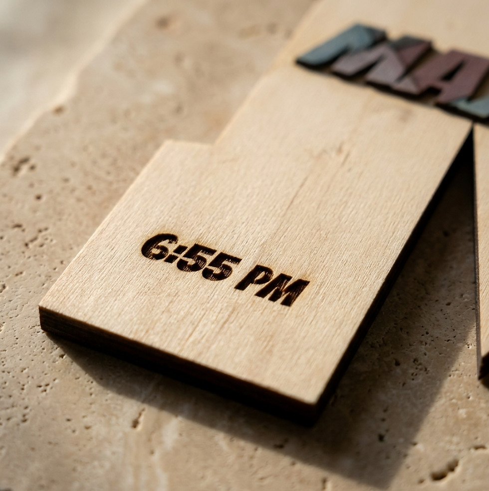 Thumbnail: Custom Hebrew wood cutout engraved with 6:55 PM.