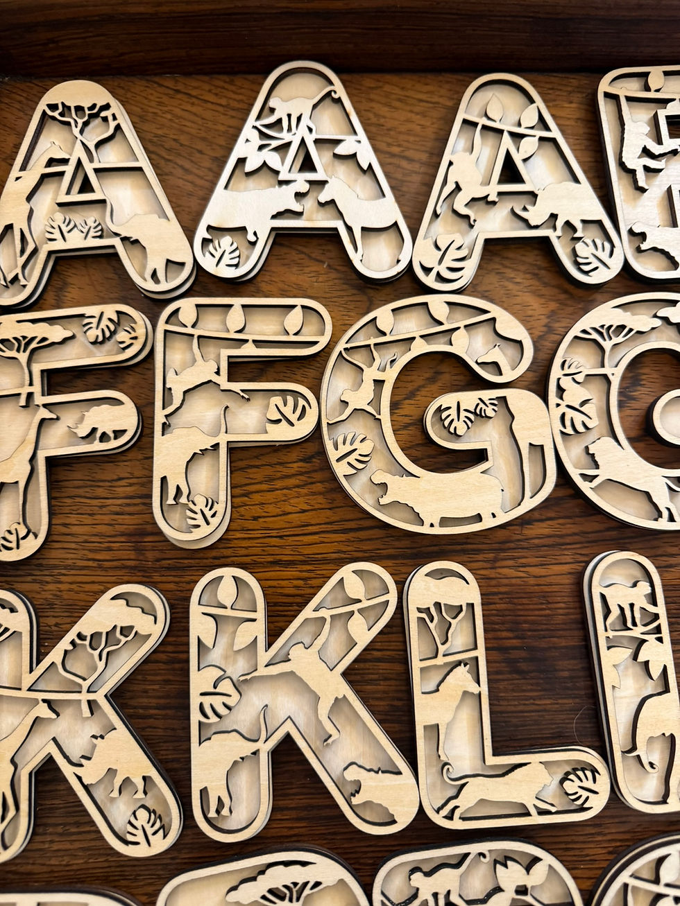 Safari animal cutout wood letters featuring lions and hippos