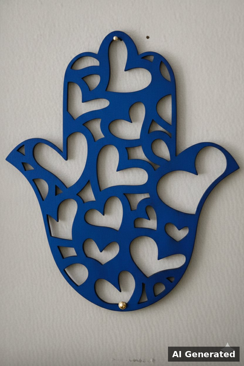 Blue Hamsa wood wall art with heart-shaped cutouts.