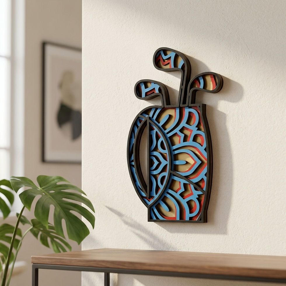 Layered wood cutout of a golf bag with clubs on a wall.