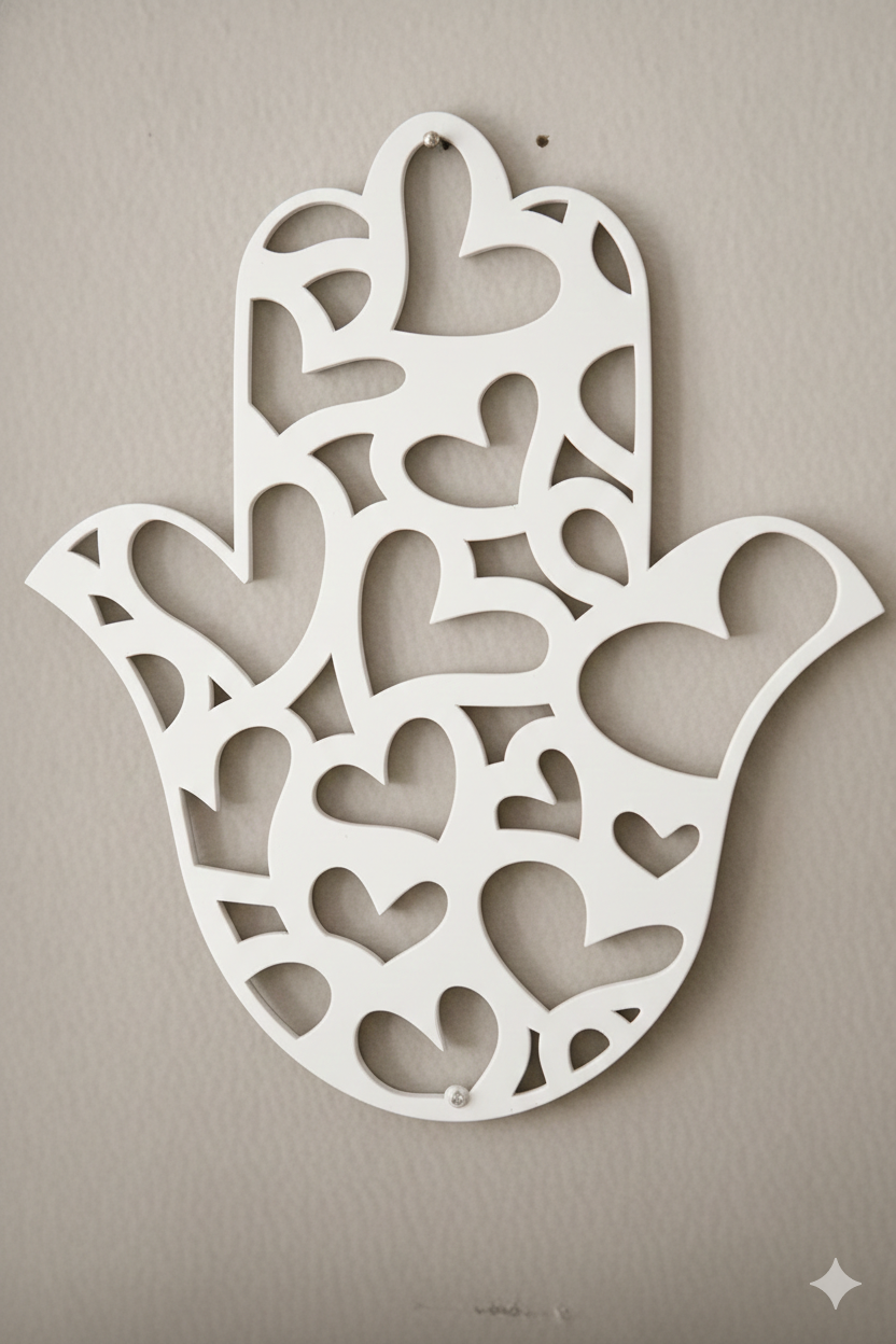 Thumbnail: Intricate hamsa wood wall art with heart cutouts