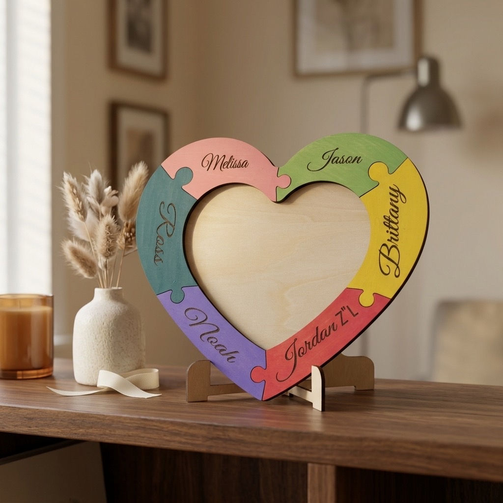 Heart-shaped puzzle frame with names on colorful pieces.