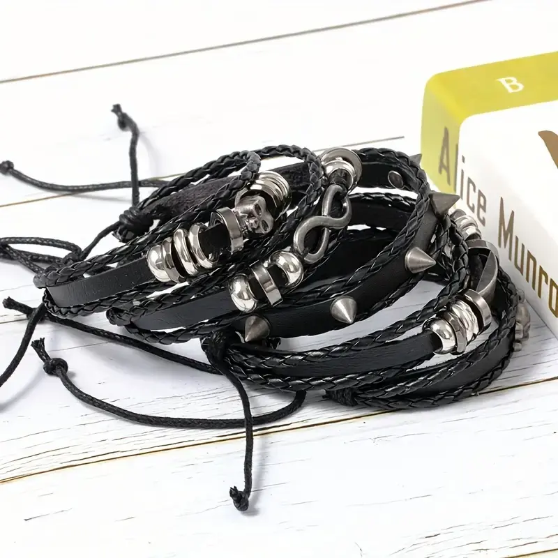 Thumbnail: Men’s Skull Figure 8 Five Piece Cowhide Bracelet w/ Handwoven Leather Cord