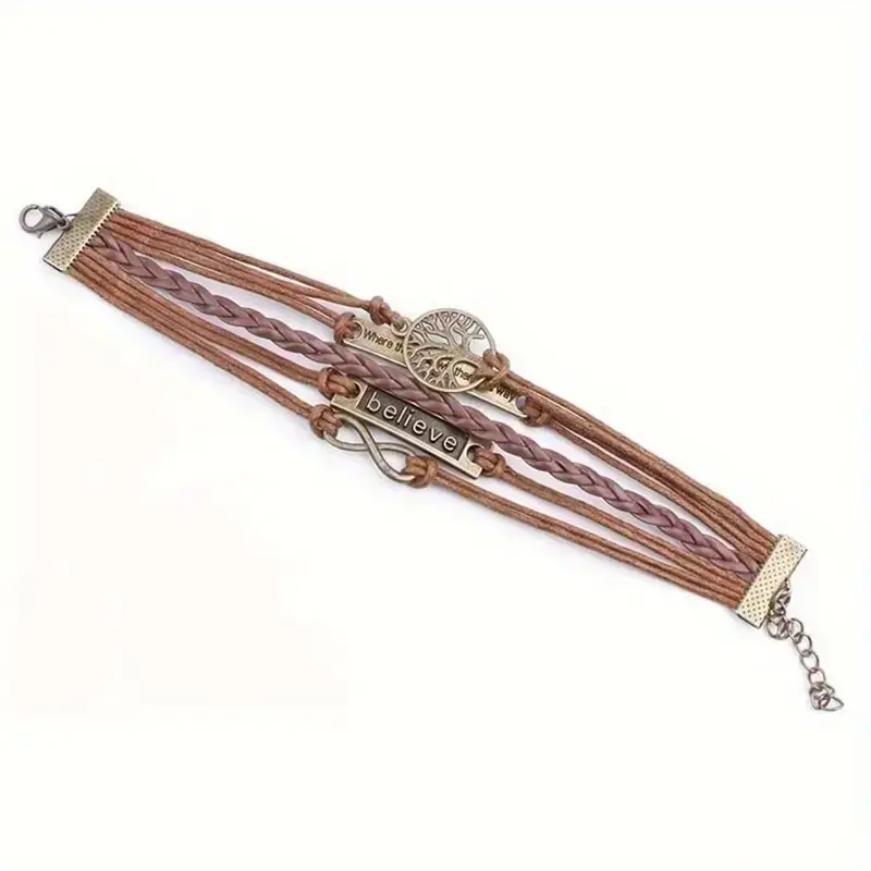 Thumbnail: Vintage Handwoven Bronze Bracelet With Leather Rope And Tree Pattern