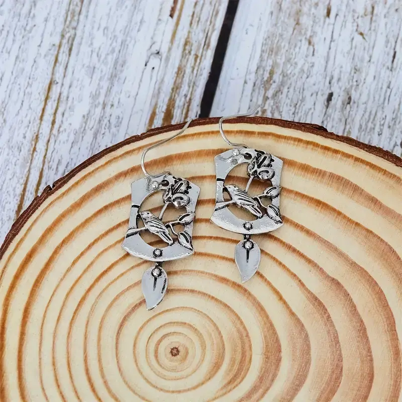Thumbnail: Retro Bohemian Style Graphic Geometric Cute Bird Twig Design Dangle Earrings