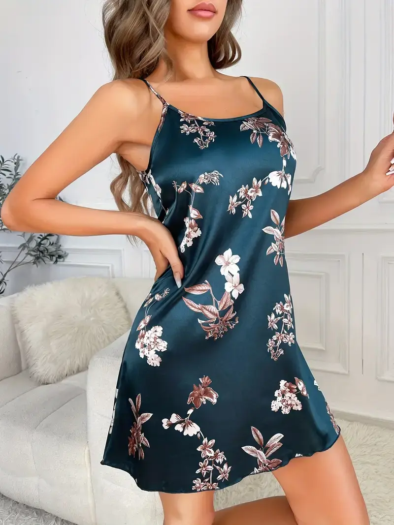 Thumbnail: Floral Print Elegant Crew Neck Strap Sleep Dress