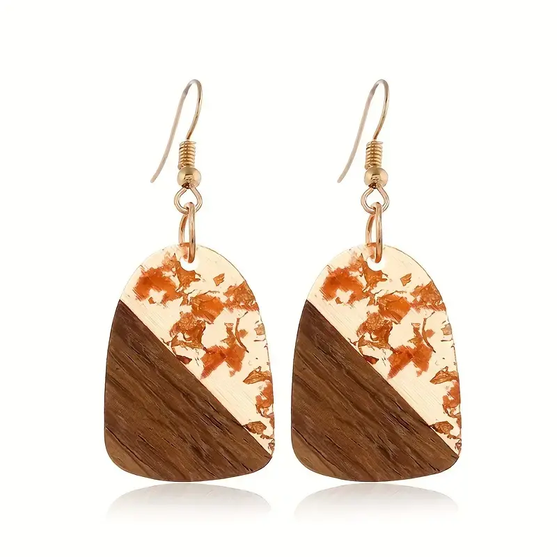 Thumbnail: Retro Bohemian Style Wooden Geometric Shaped Brown Color Dangle Earrings