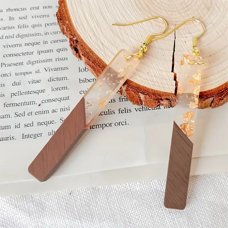 Thumbnail: Two-Tone Color Geometric Shape Wooden Resin Colorful Bar Dangle Earrings