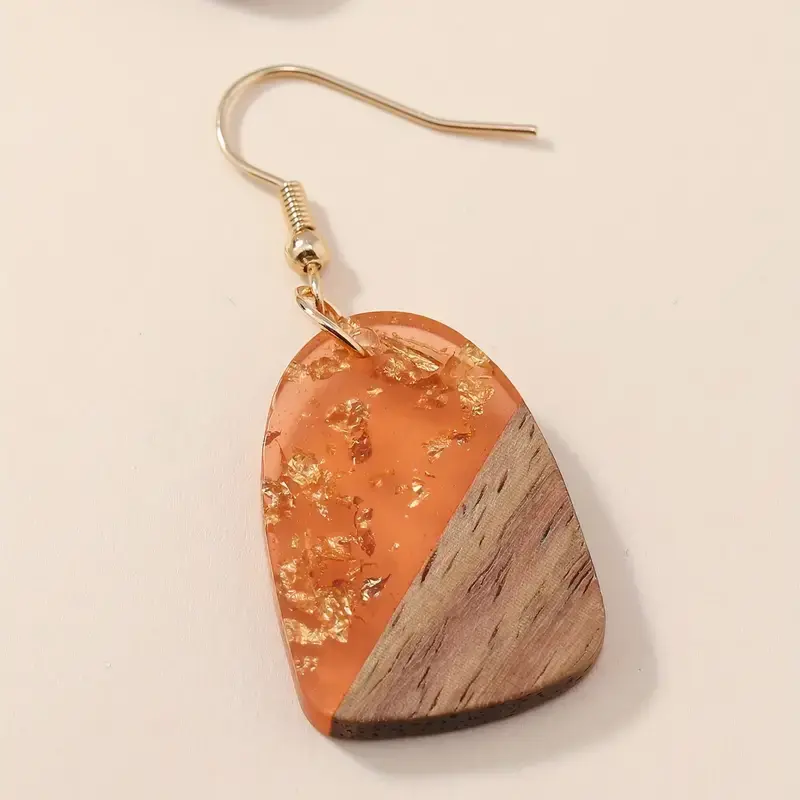Thumbnail: Retro Bohemian Style Wooden Geometric Shaped Brown Color Dangle Earrings