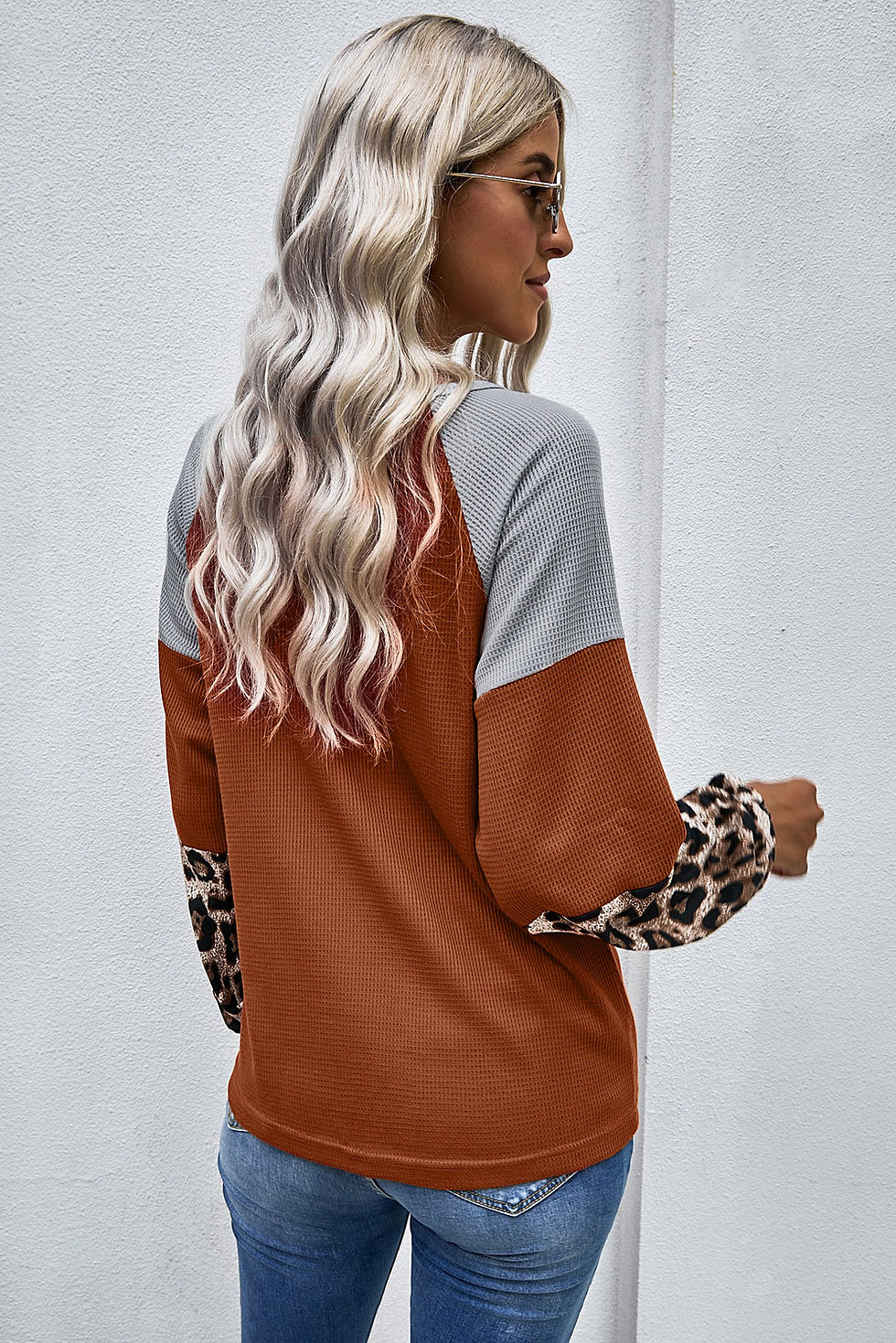 Thumbnail: Leopard Long Sleeve Waffle Knit Orange Blouse with Twist Knot