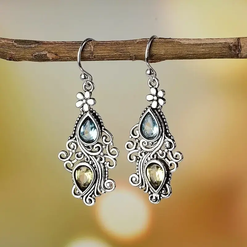 Boho Flower Water Drop Pear Shaped Earrings For Retro Crystal Stone Earrings