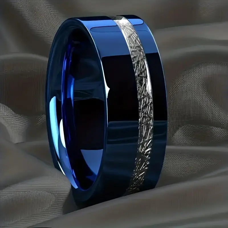 Thumbnail: Men's 8mm Blue Fluted Silvery Silk-Pattern Stainless Steel Ring