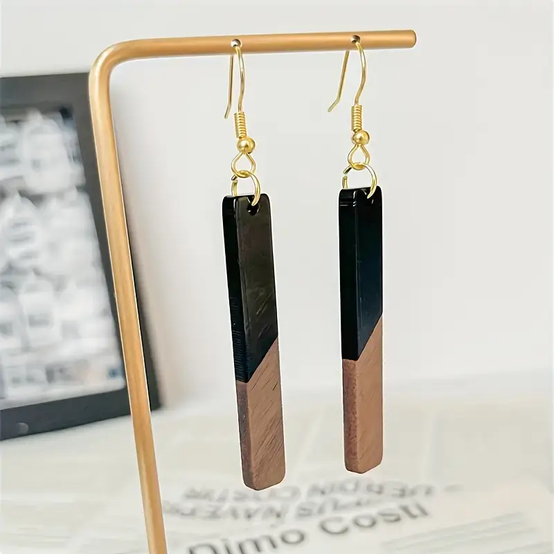 Thumbnail: Two-Tone Color Geometric Shape Wooden Resin Colorful Bar Dangle Earrings