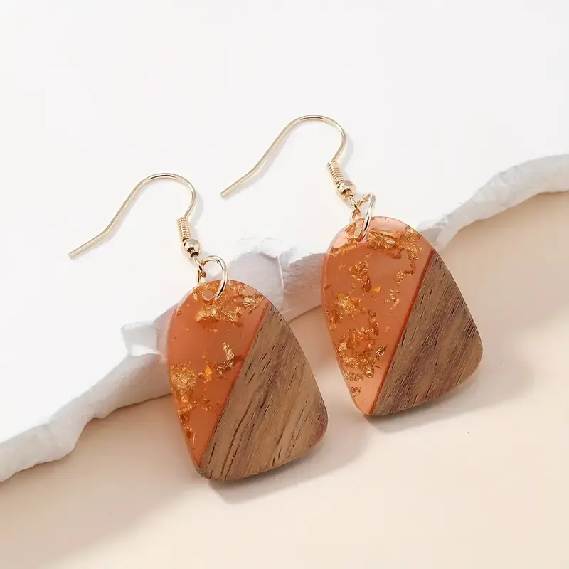 Thumbnail: Retro Bohemian Style Wooden Geometric Shaped Brown Color Dangle Earrings