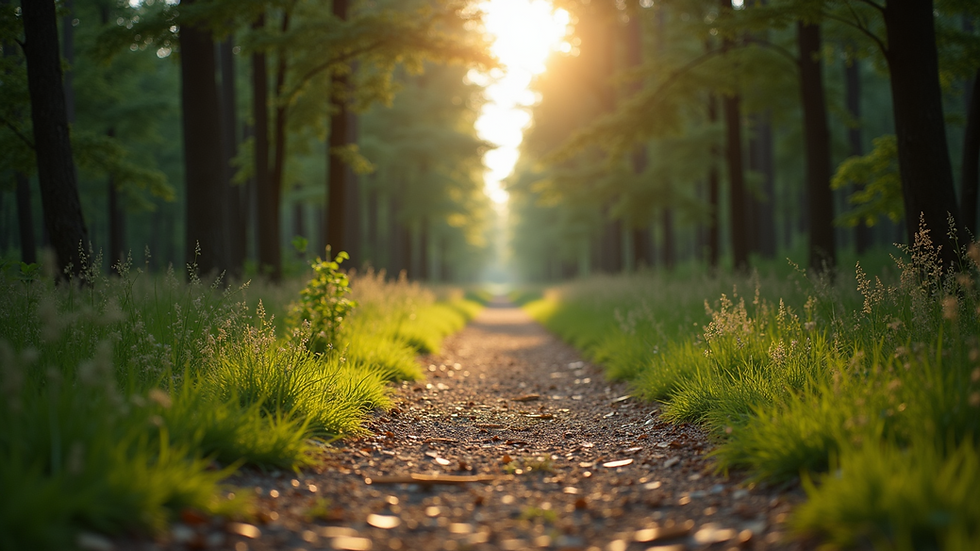 Eye-level view of a serene nature path surrounded by trees