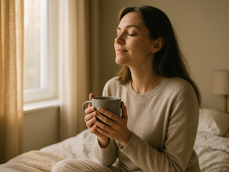 A realistic photo of a young woman sitting on a bed in a softly lit room, holding a mug of tea with both hands, breathing deeply, looking calmer after a moment of anxiety. The window lets in warm morning light, creating a peaceful atmosphere. The focus is on her facial expression of relief and calm, suggesting recovery from a panic attack. Soft tones, minimal clutter, depth of field effect.
