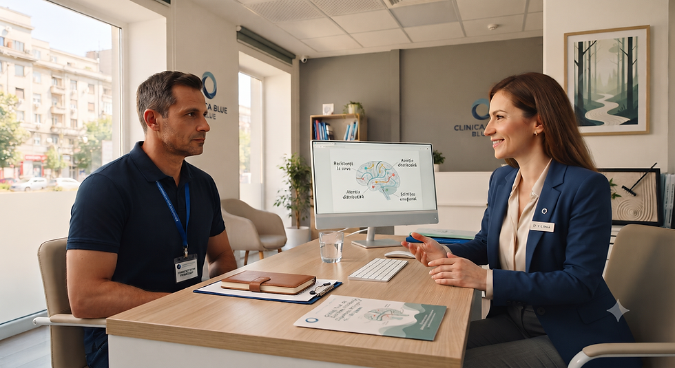 Șofer profesionist în discuție cu un psiholog clinician în ținută office casual, în cabinetul de evaluare psihologică pentru siguranța circulației din București de la Clinica Blue.