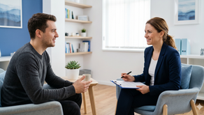 O ședință de evaluare psihologică în cadrul Clinicii Blue, unde o femeie psiholog cu o atitudine empatică discută cu un client într-un cabinet modern, decorat în nuanțe de albastru și alb.
