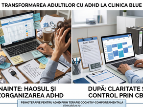 Infografic comparativ ilustrând transformarea prin psihoterapie pentru ADHD la adulți: în stânga, haosul și dezorganizarea cauzate de simptomele ADHD; în dreapta, claritatea și controlul obținute prin terapie cognitiv-comportamentală la Clinica Blue.