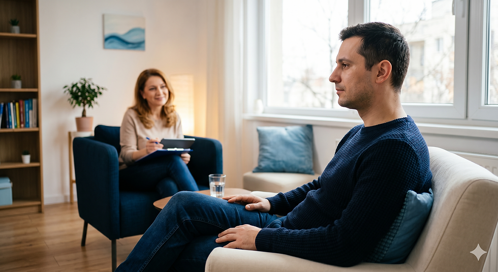 Bărbat adult într-o sesiune de psihoterapie la Clinica Blue, discutând despre efectele creșterii cu un tată narcisic. Imaginea redă un cadru terapeutic sigur, cu accente de albastru, simbolizând vindecarea emoțională.