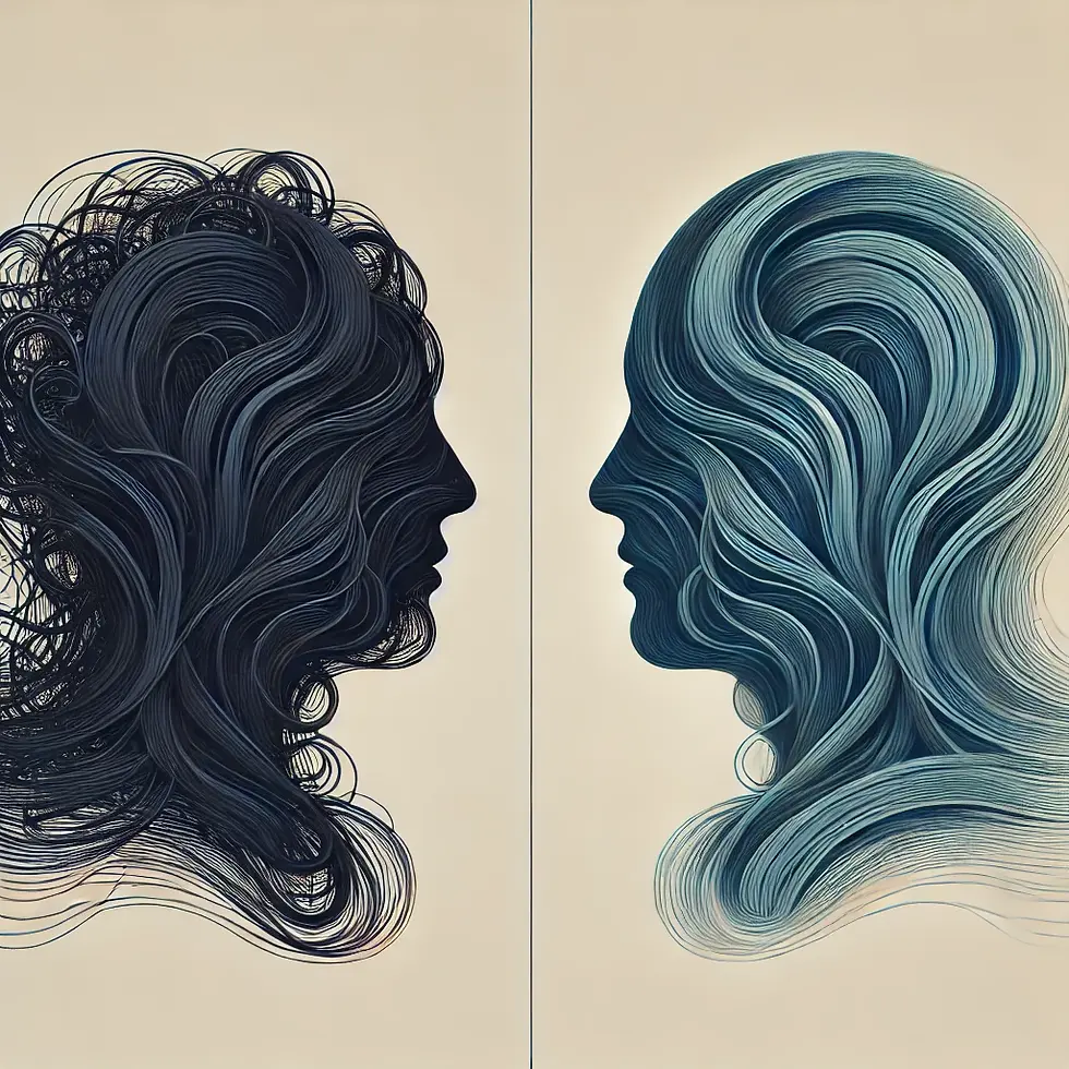 Ilustrație abstractă cu două siluete umane din profil: una reprezentând anxietatea prin linii haotice și încurcate, iar cealaltă simbolizând claritatea mentală prin linii fluide și organizate, sugerând efectele terapiei cognitiv-comportamentale asupra minții.