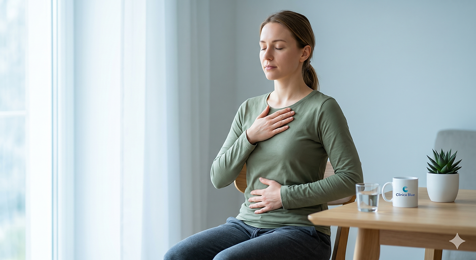 O femeie practicând respirația abdominală pentru calmarea anxietății, așezată la o masă într-un decor luminos de cabinet medical, respectând identitatea vizuală Clinica Blue.