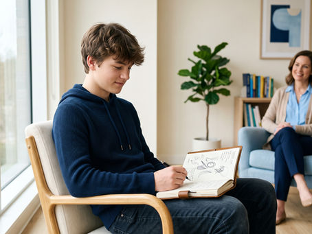 Adolescent într-o ședință de dezvoltare personală și psihoterapie cognitiv-comportamentală la Clinica Blue, scriind într-un jurnal alături de un terapeut.