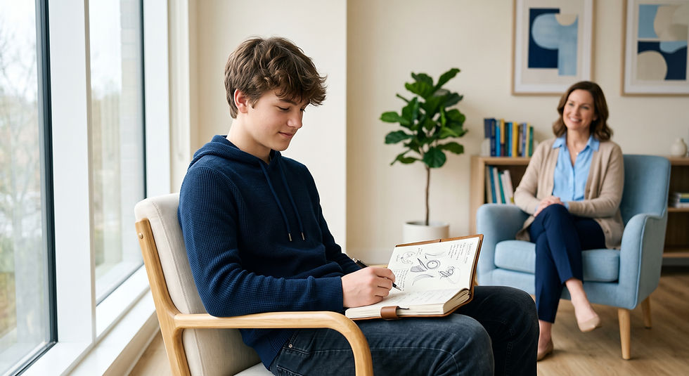 Adolescent într-o ședință de dezvoltare personală și psihoterapie cognitiv-comportamentală la Clinica Blue, scriind într-un jurnal alături de un terapeut.
