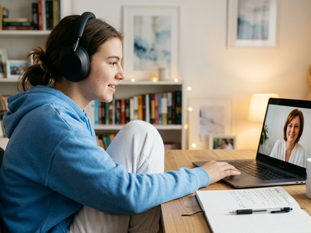 Adolescentă cu căști participând la o ședință de psihoterapie online pe laptop din confortul propriei camere, comunicând cu un psihoterapeut de la Clinica Blue.